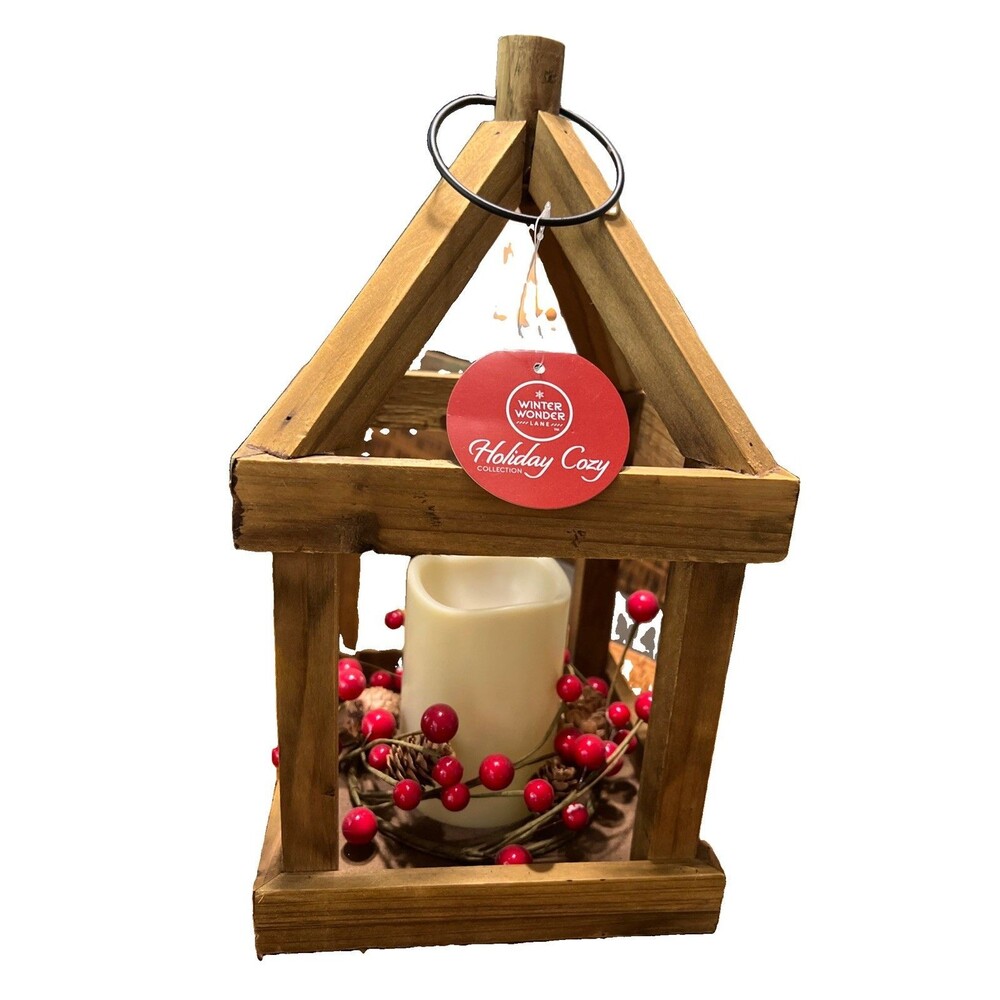 Winter Wonder Lane Wooden Led Lantern New Red Berries Christmas Winter